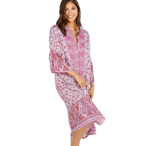 Spell & The Gypsy Midi Dress Pink Floral Button Down Bohemian Small Tunic Duster